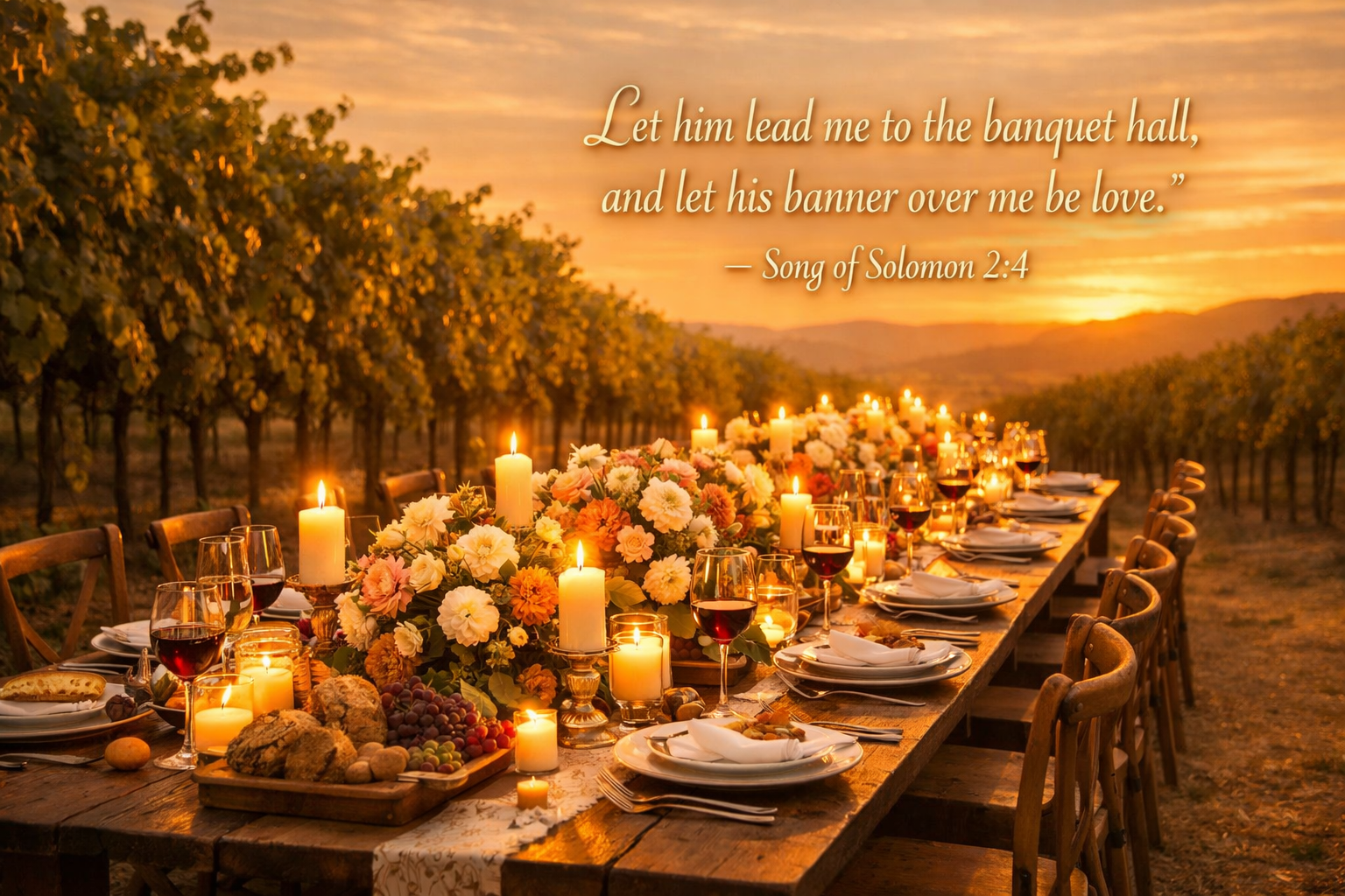 Song of Solomon 2:4 Bible verse wallpaper outdoor banquet vineyard sunset candles flowers feast rolling hills golden sky